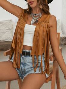 SHEIN VCAY Chaqueta sin mangas con flecos y tachuelas para mujer para otoño/invierno - Camel - Ver 5