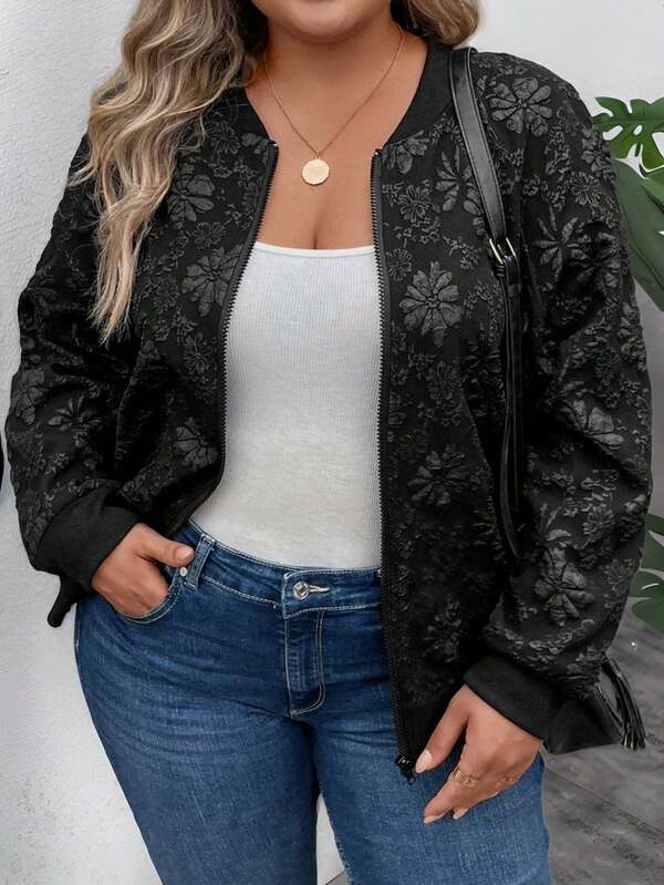 SHEIN CURVE+ Cazadora floral Jacquard con cierre de cremallera para mujeres de talla grande