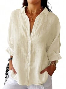 Women's Solid Color Batwing Sleeve Loose Casual Shirt, Spring/Summer - Apricot - View 3