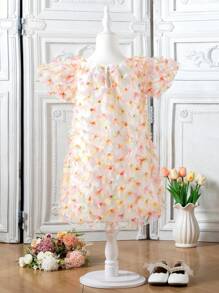 Vestido de Manga Curta com Decote Redondo, Aplicação e Contraste de Tule para Meninas, Ideal para o Verão