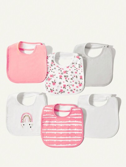 6pcs Baby Girl Cotton Drool Bibs, Rainbow & Floral Printed Solid Color Bandana Bibs