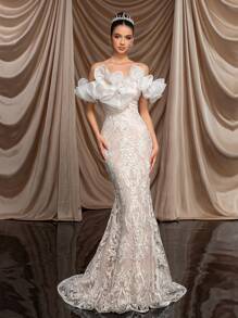 Glamrae 优雅大气白色定位绣花亮片拼接网纱夸张立体层叠荷叶边露肩及地鱼尾超长拖尾大摆约会休闲婚纱送礼派对毕业典礼适合任何场合礼服重型晚宴礼服 - 白色 - 查看 5