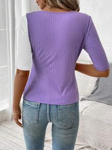 SHEIN Clasi Summer Women's Slim Fit Colorblock Asymmetrical Collar Short Sleeve T-Shirt