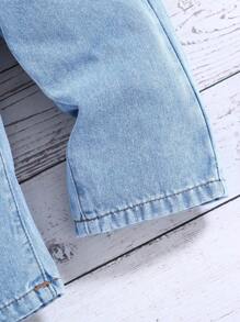 SHEIN Baby Girl Elastic Waist Casual Blue Jeans With Pockets - Light Wash - View 5