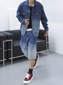 Manfinity Roghcode 男士春夏季加大碼休閒水彩染洗夾克和短褲牛仔套裝 - 深色水洗藍 - 查看 4