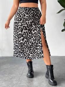 SHEIN PETITE CURVE 大码女式豹纹松紧腰开衩裙狂欢节服装 - 彩色 - 查看 5