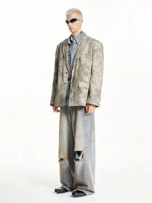 Manfinity VCAY 男士街头风格扎染宽大垫肩宽松编织西装外套适合秋冬季时尚 - 卡其色 - 查看 9