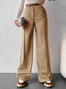 EURMUSE 女款燈芯絨闊腿長褲(不含腰帶) - 駝色 - 查看 1