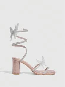 Twin Melody X SHEIN CUCCOO SZL 时尚性感女士香槟色缠脚踝蝴蝶结设计高跟凉鞋，适合工作、约会、聚会、婚礼和度假万圣节