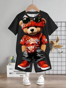 SHEIN Leap Crew 男童休閒卡通熊設計圓領短袖T恤和短褲套裝，適合夏天穿著