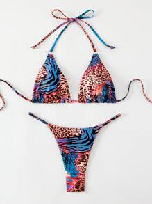 SHEIN Swim Set de 2 piezas de traje de baño de mujer con estampado animal, patrón impreso al azar para verano