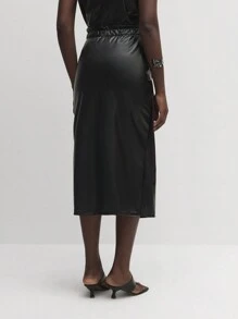 BizChic Falda lápiz de estilo vintage negro de PU recto con nudo de torcido para ropa de trabajo de oficina para mujeres - Negro - Ver 2