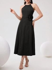 Modelyn Women's Sleeveless Solid Color Simple Elegant Dress With 3D Flower Design, Graceful And Gentle Long Evening Dresses - Black - View 1