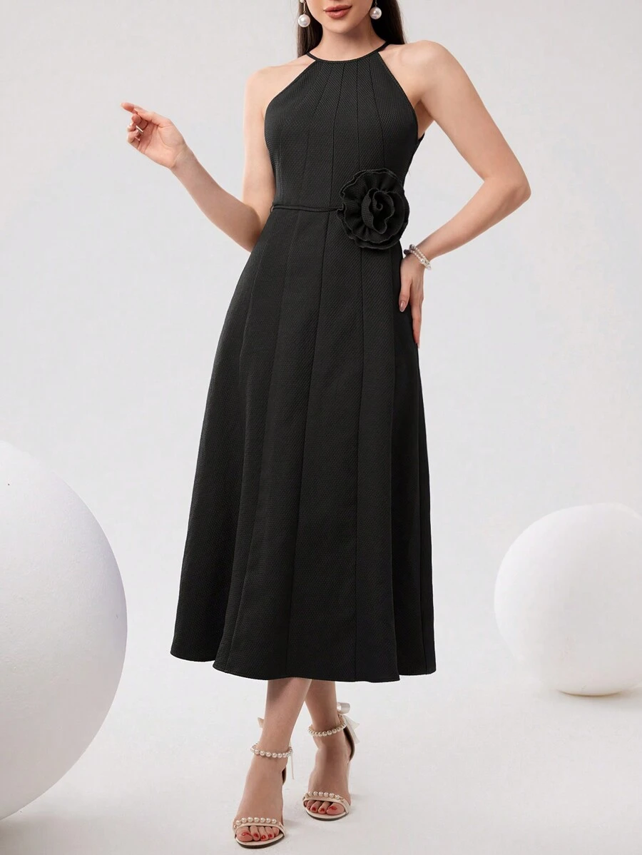 Modelyn Women's Sleeveless Solid Color Simple Elegant Dress With 3D Flower Design, Graceful And Gentle Long Evening Dresses - Black - View 1