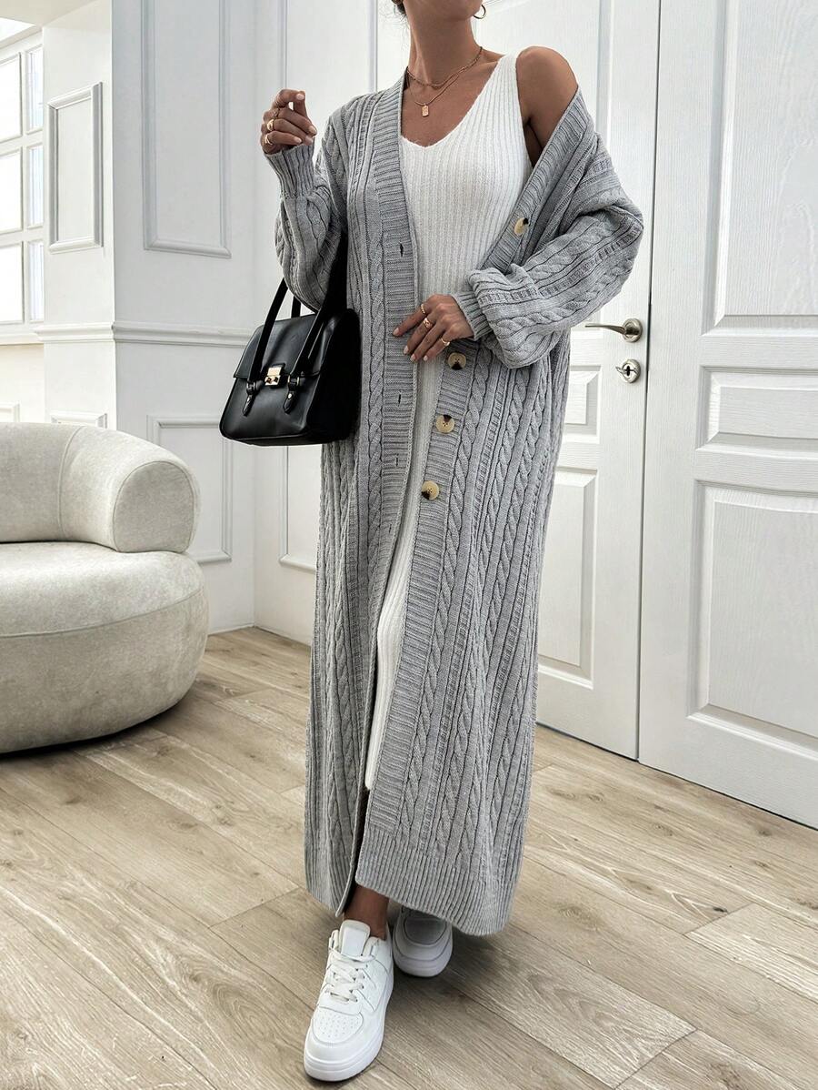 EURMUSE Cable Pattern Sweater Maxi Cardigan - Light Grey - View 1