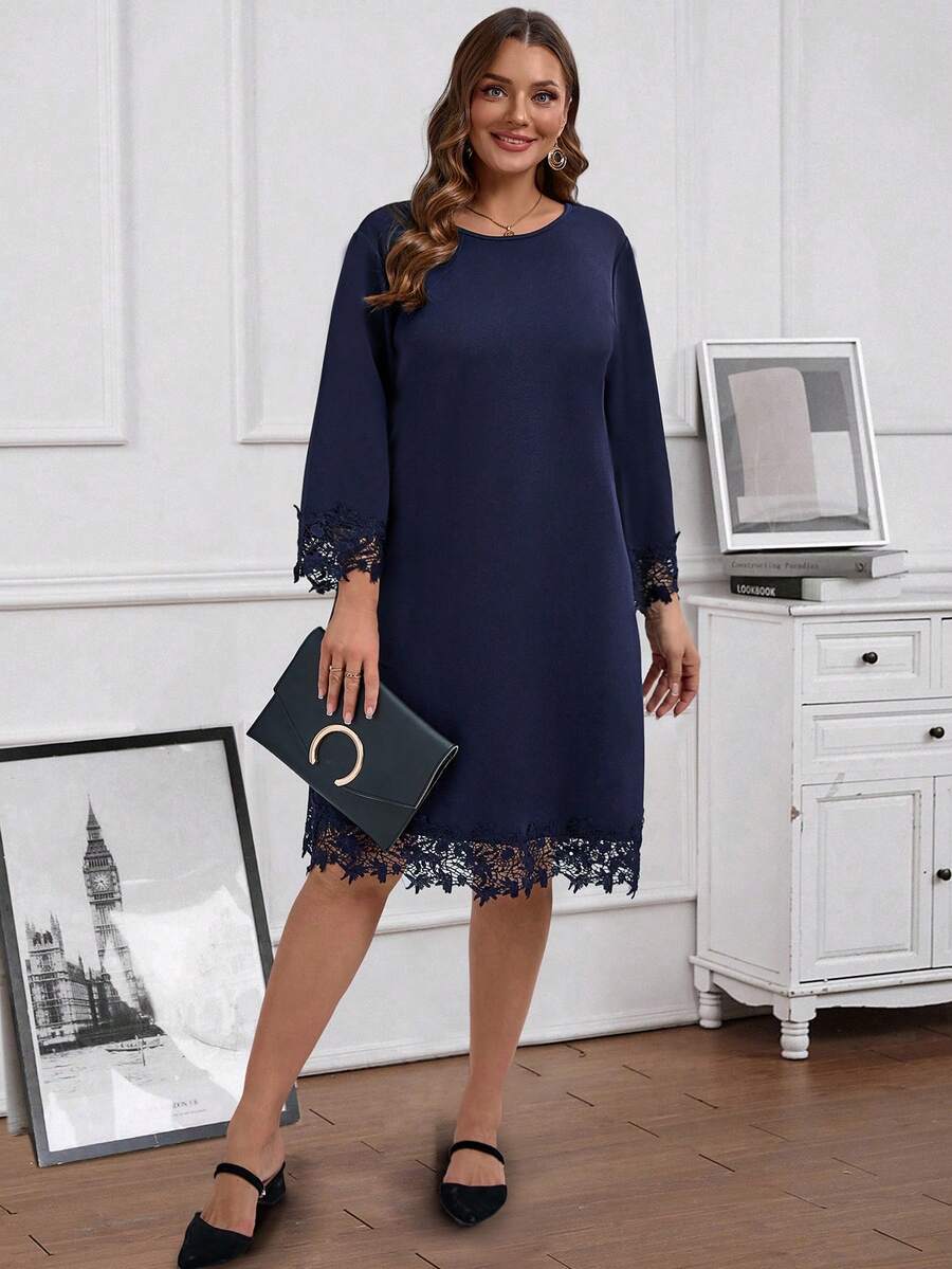 EMERY ROSE Vestido de otoño con encaje azul y empalme para mujer de talla grande - Azul - Ver 1
