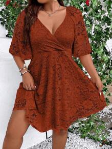 Rometta Plus Size Women's Lace Decorated Simple Daily Short Sleeve Dress - Rust Brown - View 4
