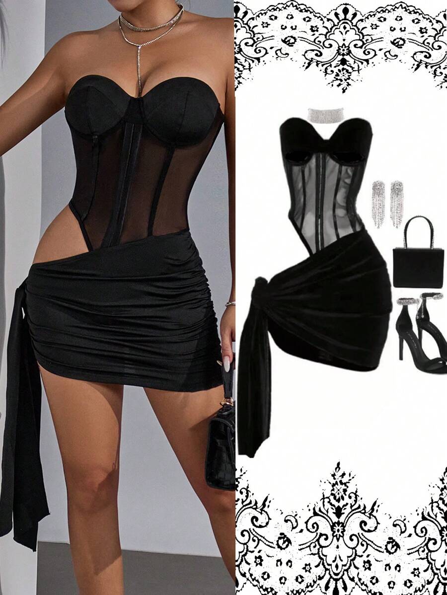 Allurite Women's Summer Rave Sexy Night Club Party Black Strapless Excavate Corset Dress ,Elegant Dress,Fishbone Pressed Line Summer Dress Mini Short Women Outfit
