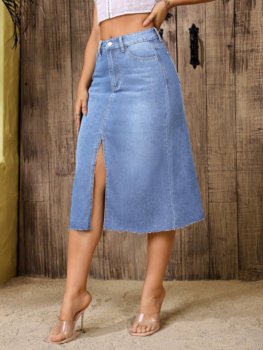 Váy ngắn denim có viền sờn gợi cảm dành cho nữ - Rửa nhẹ - Xem 1