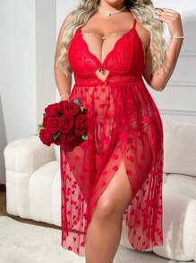Pearl Chain Decorated Heart-Shaped Lace Plus Size Sexy Camisole Sleeping Dress - Burgundy - View 5