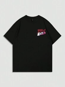 ROMWE MEN Men's Anime Printed Short Sleeve T-Shirt Suitable For Daily Wear In Spring And Summer, School - Black - View 2