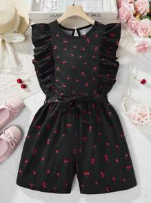 SHEIN Conjunto de top y shorts con estampado de cerezas para niñas preadolescentes