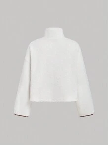 SHEIN MOD Sweat-shirt épais zippé, coupe ample, col montant, avec faux col de mouton et bordure en PU, pour l'automne/l'hiver - Blanc - Voir 7