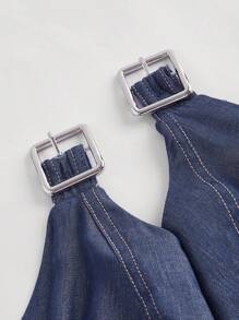 SHEIN MOD 蓝色牛仔效果复古可爱蝴蝶结女装返校服复古风格休闲女装教师衬衫返校节礼服 - 深灰色 - 查看 3