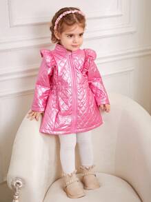 SHEIN Baby Girl Autumn And Winter Fashionable Padded Coat With Cap Sleeves - Pink - View 3