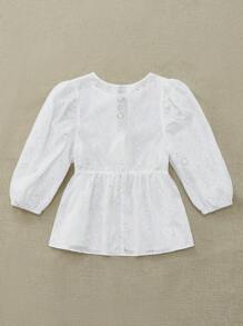 SHEIN VCAY Vải thêu ren màu trơn cổ tròn tay phồng buộc dây phía trước Áo sơ mi nữ, buộc dây phía trước, áo ren - trắng - Xem 2