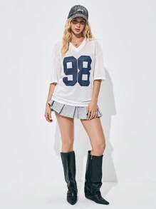 Flirla Dames Oversized Mesh Baseball Jersey Tee Shir Met Letter Print Grafische Tees Dames Tops - Donker blauw - Bekijken 4