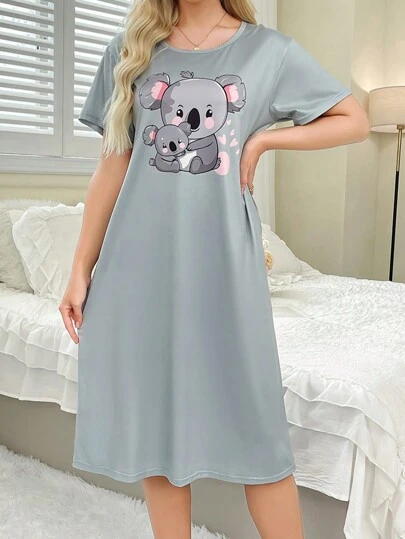 Lovely Koala With Heart Print Long Dress Women's Sleepwear, Moo Moo Sleep Dress