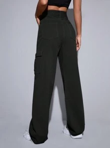 RueChic High Waist Flap Pocket Cargo Jeans - Black - View 2