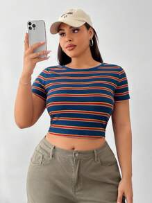 Comfortcana Plus Size Women Colorful Striped Round Neck Short Sleeve T-Shirt, Summer - Multicolor - View 4