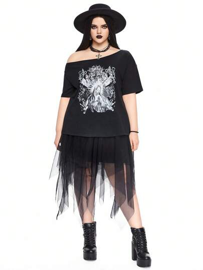 Grunge Punk Camiseta casual de talla grande de manga corta con cuello asimétrico y estampado de la Virgen María, ideal para el verano