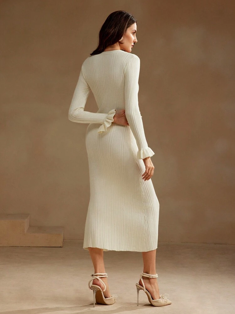 Anewsta Elegant Solid Color V-Neck Long Sleeve Fitted Maxi Dress With Frill Trim And Side Slit For Women, Autumn/Winter - Apricot - View 4
