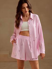 Anewsta Diamond Modern Women's Long Sleeve Shorts Two-Piece Set - Pink - View 7