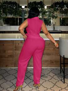 Slaydiva Plus Size Suit Vest & Full-Length Pants Solid Color Two-Piece Set - Pink - View 6