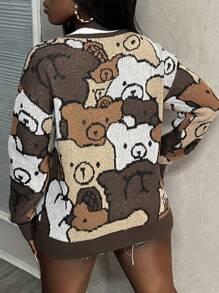 Slaydiva Casual Home Bear Printed Front Buttoned Long Sleeve Knitted Cardigan,Long Sleeve Tops In Fall/Winter - Multicolor - View 2