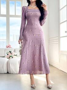 Modelyn Women's Embroidered Decor Minimalist Daily Wear Arabian Modest Dress - Dusty Pink - View 4