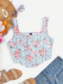 Vivid Eden Kurzes bedrucktes Strick-Trägertop für Frauen, Urlaubskleidung - Blau - Übersicht 1