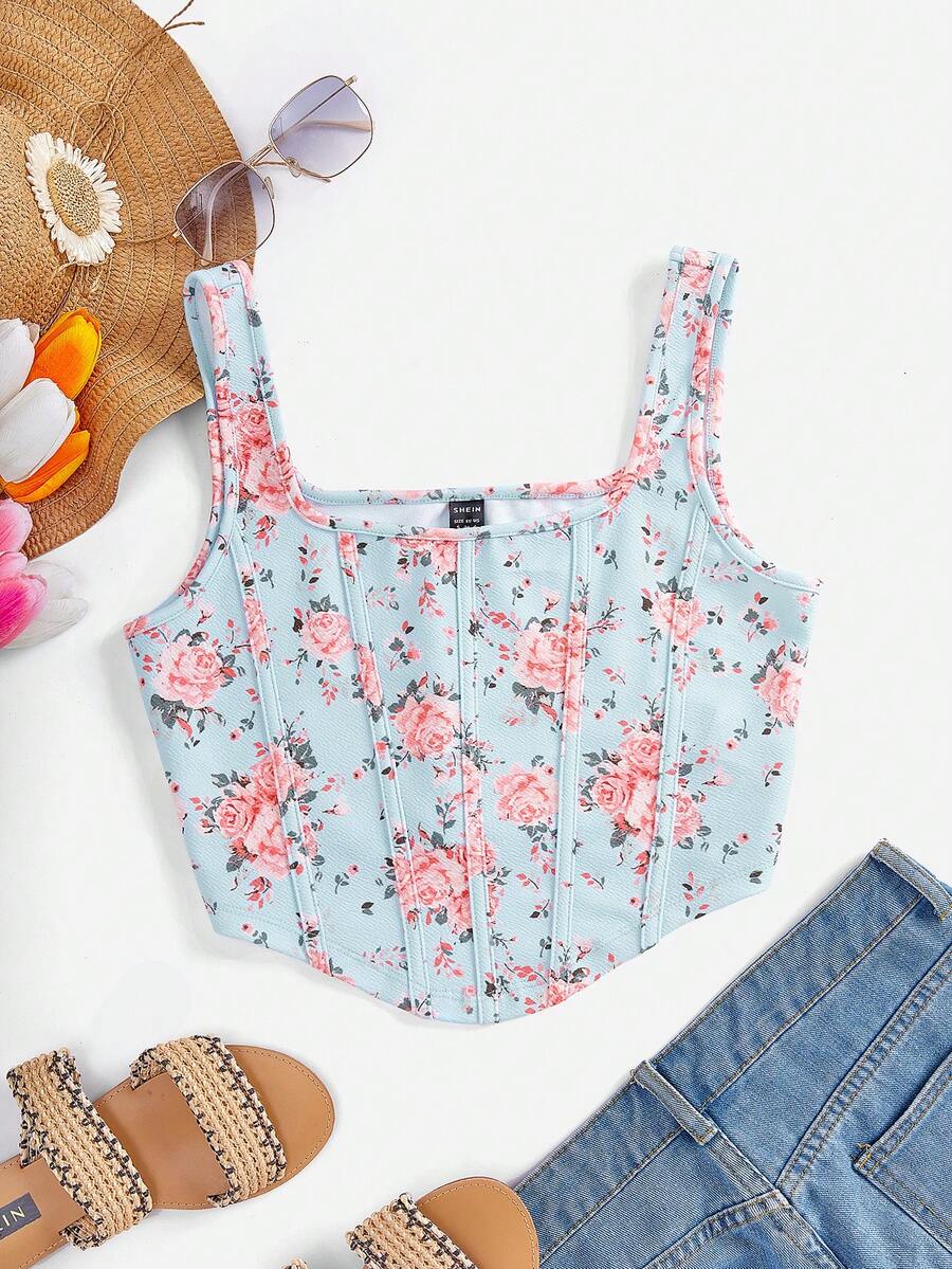 Vivid Eden Kurzes bedrucktes Strick-Trägertop für Frauen, Urlaubskleidung - Blau - Übersicht 1