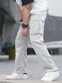 Manfinity Hypemode Men's Simple Drawstring Multi-Pocket Casual Cargo Pants, Daily Leisure - Grey - View 2