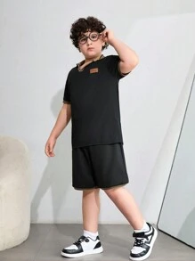 SHEIN Tween Boys Extended Size Two-Piece Set, Loose Casual Short Sleeve Polo Shirt With Turn-Down Collar And Shorts, Suitable For Commuting, School, Daily And Leisure Outtings, Spring/Summer - Black - View 4