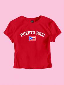 Flirla Áo thun nữ cắt ngắn màu xanh cờ Puerto Rico cho quần áo năm mới Áo thun họa tiết dành cho nữ - Đỏ - Xem 3
