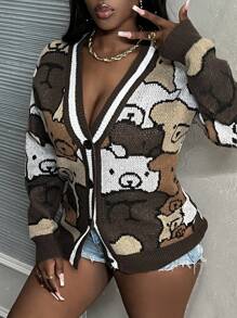 Slaydiva Casual Home Bear Printed Front Buttoned Long Sleeve Knitted Cardigan,Long Sleeve Tops In Fall/Winter - Multicolor - View 7