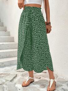 SHEIN Essnce Quần ống rộng in họa tiết mùa hè thường ngày xẻ viền hoa - màu xanh lá - Xem 3