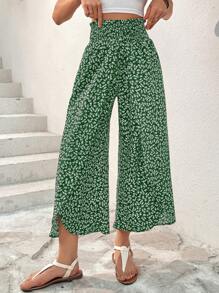 SHEIN Essnce Quần ống rộng in họa tiết mùa hè thường ngày xẻ viền hoa - màu xanh lá - Xem 1