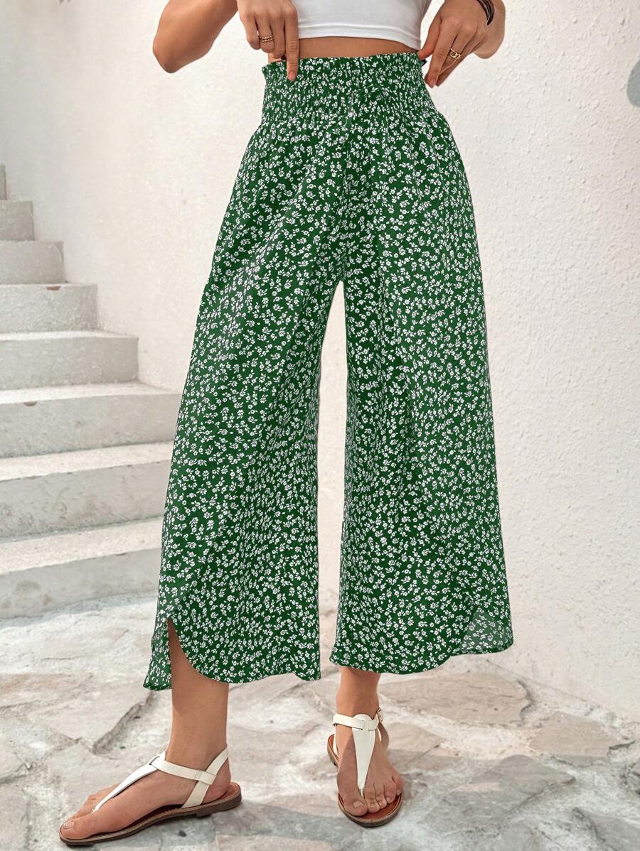 SHEIN Essnce Quần ống rộng in họa tiết mùa hè thường ngày xẻ viền hoa - màu xanh lá - Xem 1