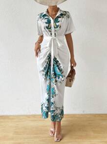 Chiquease Resort & Casual in hoa tay áo cánh dơi cài cúc phía trước váy dài xếp nếp - Nhiều màu - Xem 5